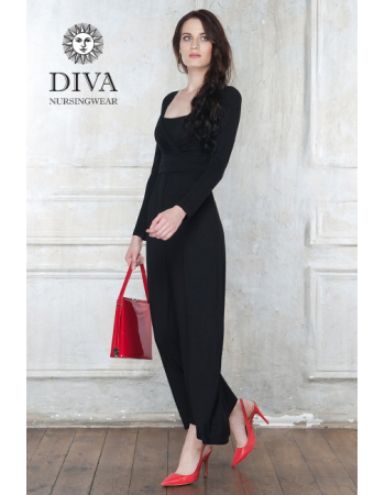 Nursing Dress Diva Nursingwear Alba Maxi Long Sleeved, Nero