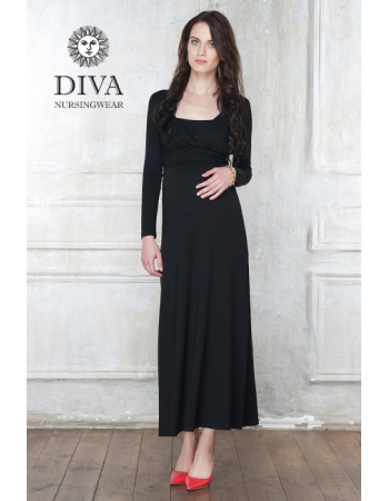 Nursing Dress Diva Nursingwear Alba Maxi Long Sleeved, Nero